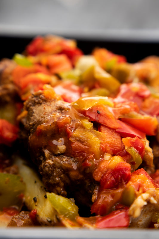 13. Jerk Chicken, White Potato, Mixed Peppers, Sweet Chilli Sauce