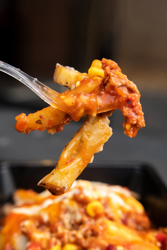 1. Beef Chilli Cheese Fries, Pico-De-Gallo, Jalapeños, Sweet Chilli