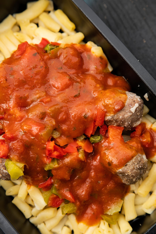 16. Swedish Beef Meatballs, Macaroni Pasta, Mixed Peppers, Italian Sauce