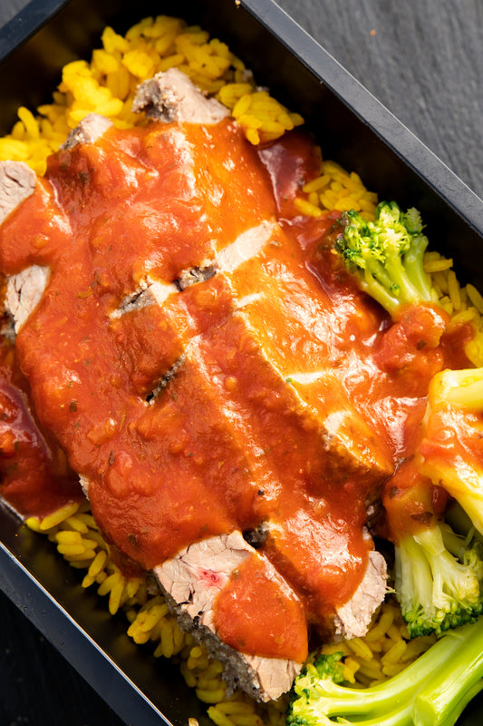 8. Steak Strips, Mexican Spicy Rice, Broccoli, Italian Sauce.