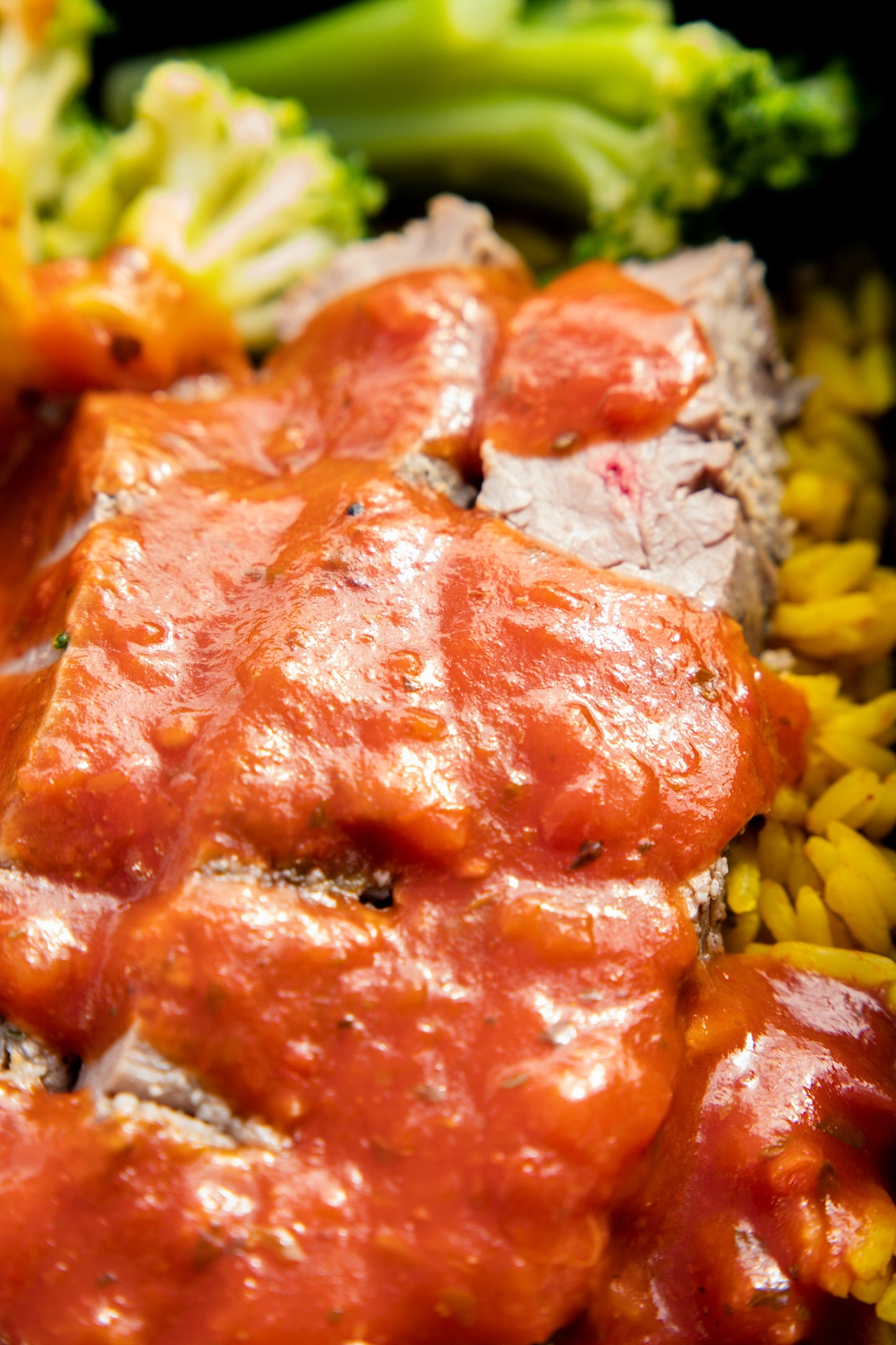 8. Steak Strips, Mexican Spicy Rice, Broccoli, Italian Sauce.