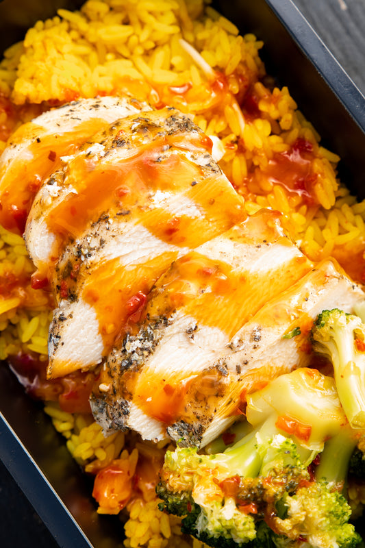 2. Chicken Breast, Mexican Spicy Rice, Broccoli, Sweet Chilli Sauce