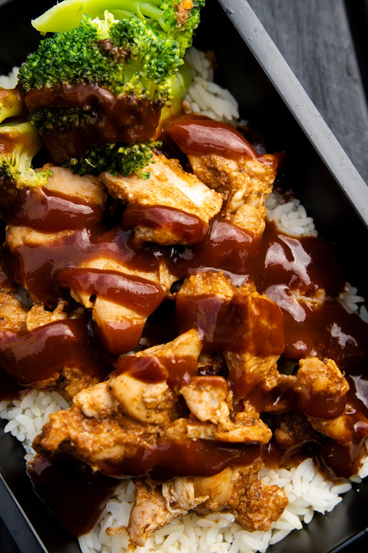 10. BBQ Chicken Thighs, Basmati Rice, Broccoli, BBQ Sauce