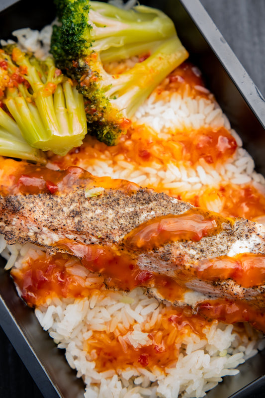 18. Peppered Salmon, Basmati Rice, Broccoli, Sweet Chilli Sauce