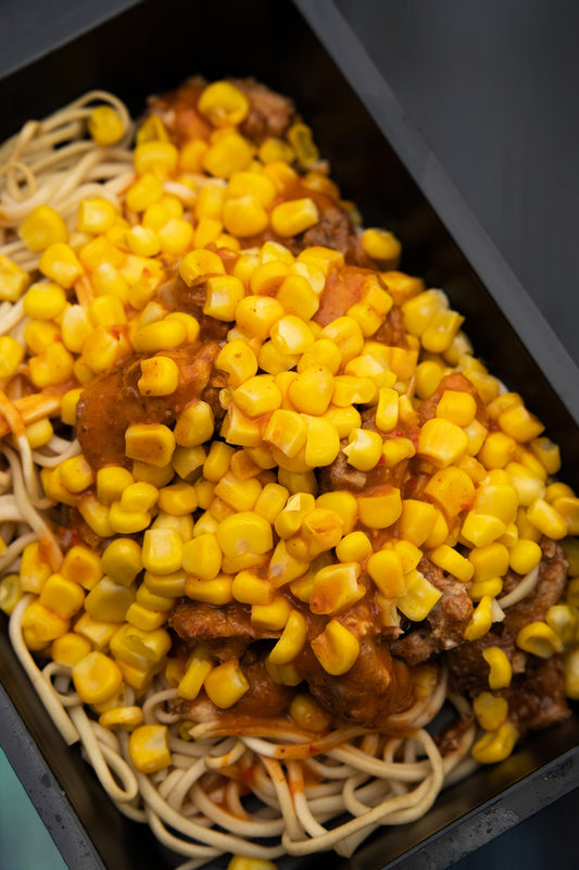 11. BBQ Chicken Thighs, Wholemeal Noodles, Sweetcorn, Piri Piri Sauce