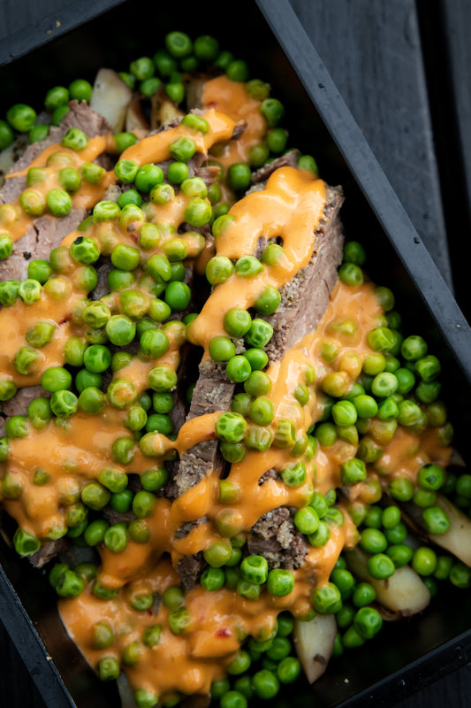 7. Steak Strips, White Potato, Garden Peas, Chipotle Sauce.
