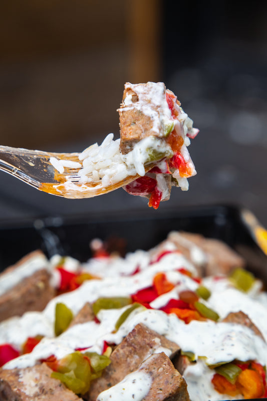 9. Lamb Kofta, Basmati Rice, Mixed Peppers, Tzatziki Sauce