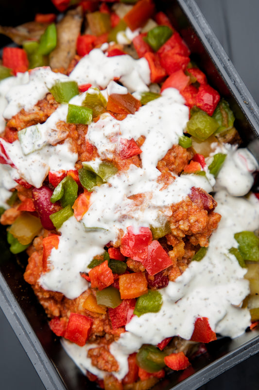 6. Beef Chill-Con-Carne, White Potato, Mixed Peppers, Tzatziki Sauce