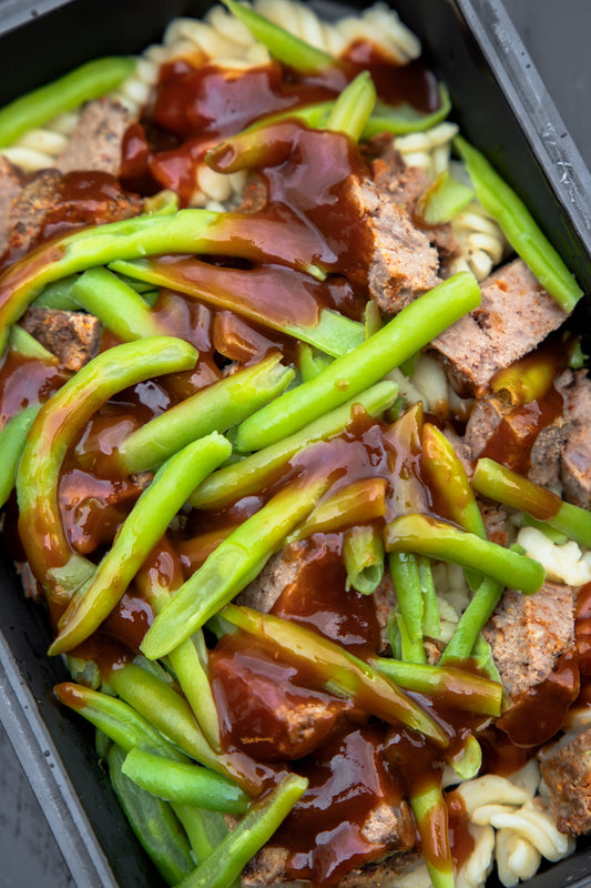 4. Beef Sliders, Fusilli Pasta, Green Beans, BBQ Sauce