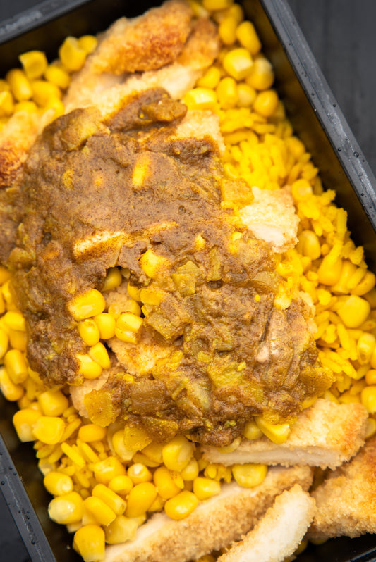 14. Chicken Katsu, Mexican Spicy Rice, Sweetcorn, Katsu Sauce.