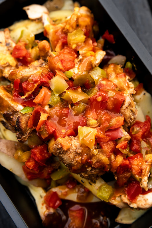 13. Jerk Chicken, White Potato, Mixed Peppers, Sweet Chilli Sauce