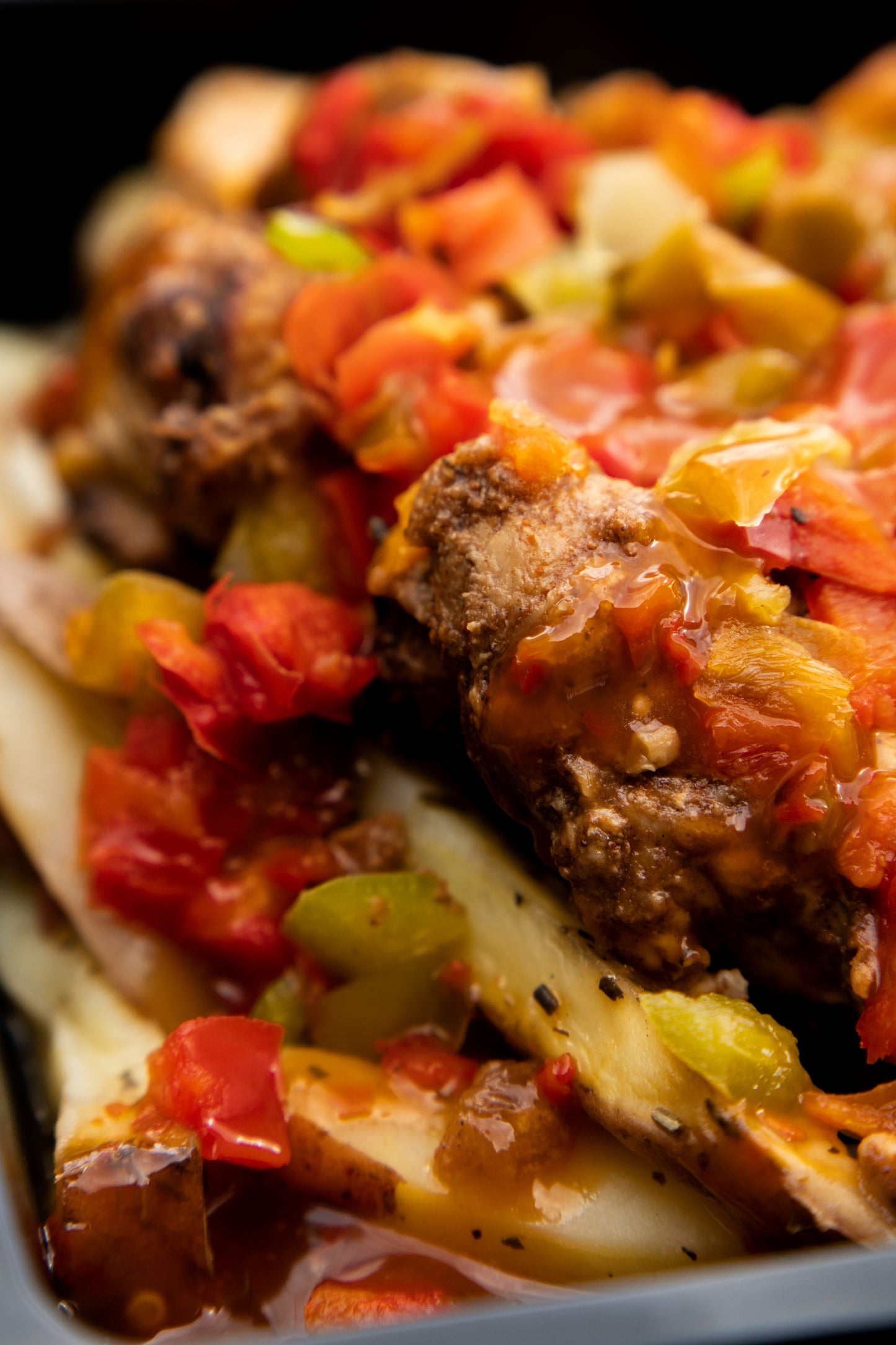 13. Jerk Chicken, White Potato, Mixed Peppers, Sweet Chilli Sauce