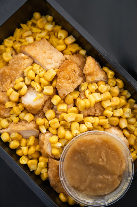 17. Popcorn Chicken, Mexican Spicy Rice, Sweetcorn, Gravy Pot