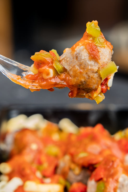 16. Swedish Beef Meatballs, Macaroni Pasta, Mixed Peppers, Italian Sauce