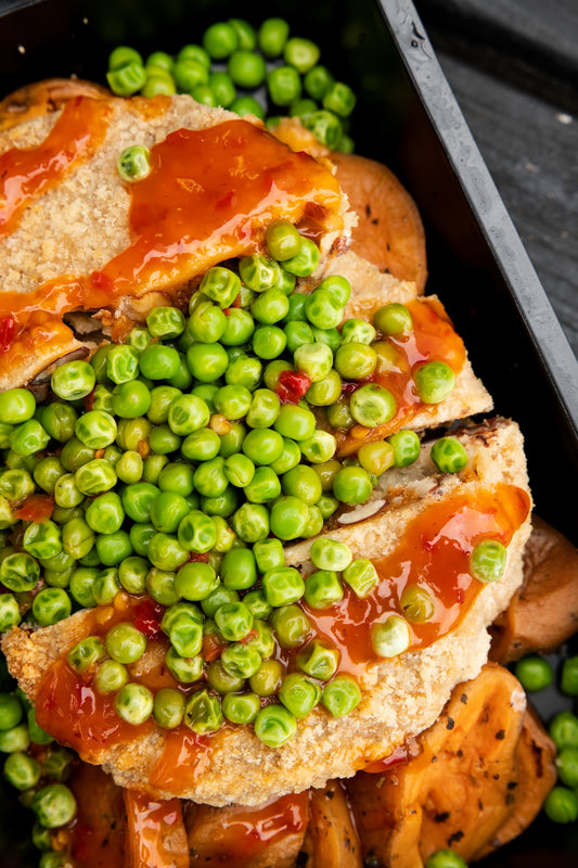 1. Spicy Bean Burgers, Sweet Potato, Garden Peas, Sweet Chilli Sauce