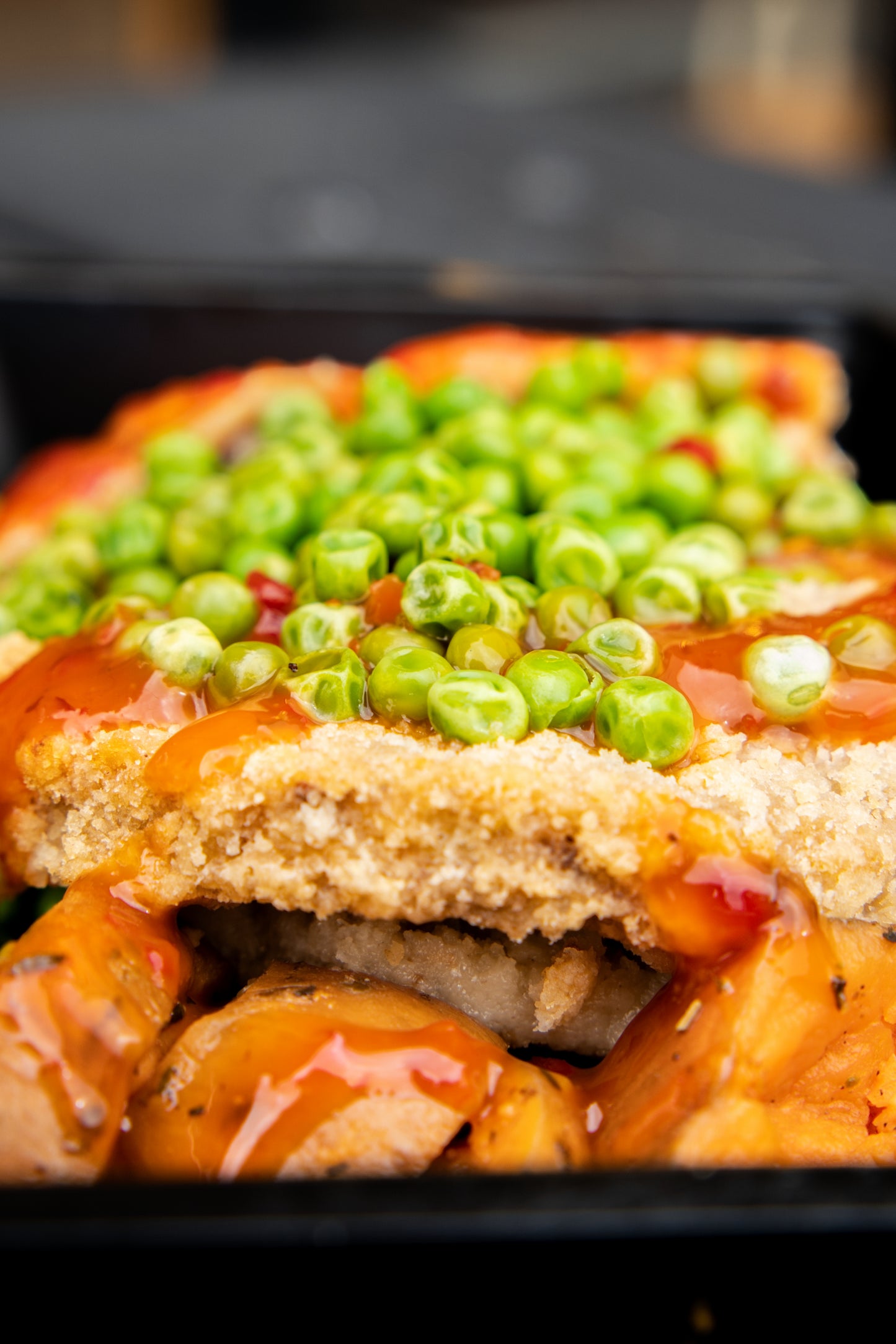 1. Spicy Bean Burgers, Sweet Potato, Garden Peas, Sweet Chilli Sauce