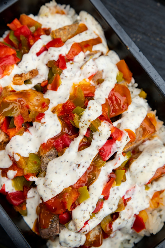 5. Royal Mixed Grill - Kofta, Steak, Jerk Chicken, Basmati Rice, Peppers, Sweet Chilli & Tzatziki Sauce