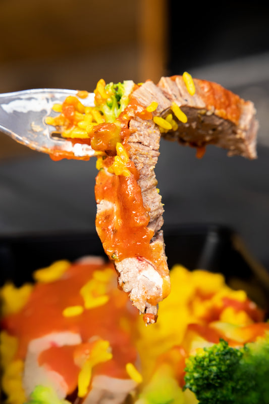 8. Steak Strips, Mexican Spicy Rice, Broccoli, Italian Sauce