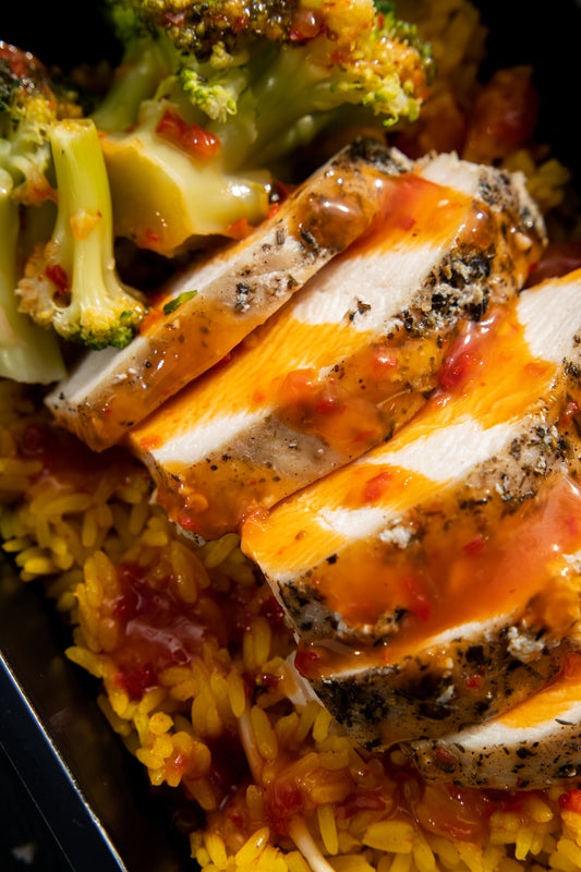 2. Chicken Breast, Mexican Spicy Rice, Broccoli, Sweet Chilli Sauce