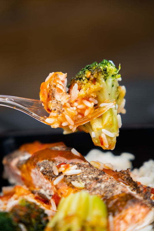 20. Peppered Salmon, Basmati Rice, Broccoli, Sweet Chilli Sauce