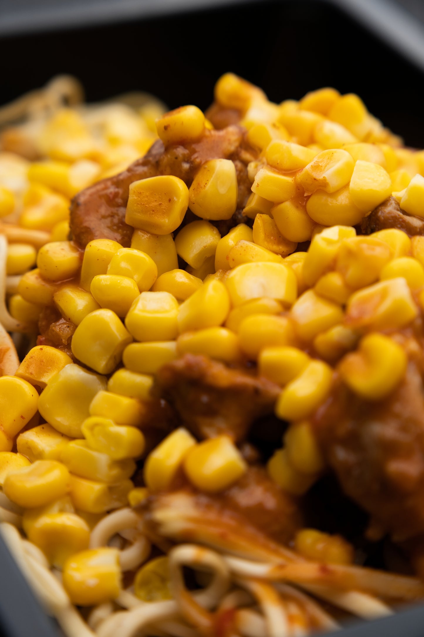 11. BBQ Chicken Thighs, Wholemeal Noodles, Sweetcorn, Piri Piri Sauce