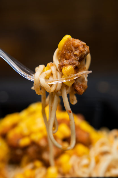 11. BBQ Chicken Thighs, Wholemeal Noodles, Sweetcorn, Piri Piri Sauce