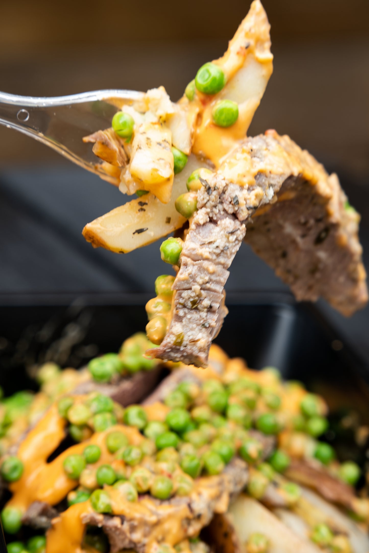 7. Steak Strips, White Potato, Garden Peas, Chipotle Sauce