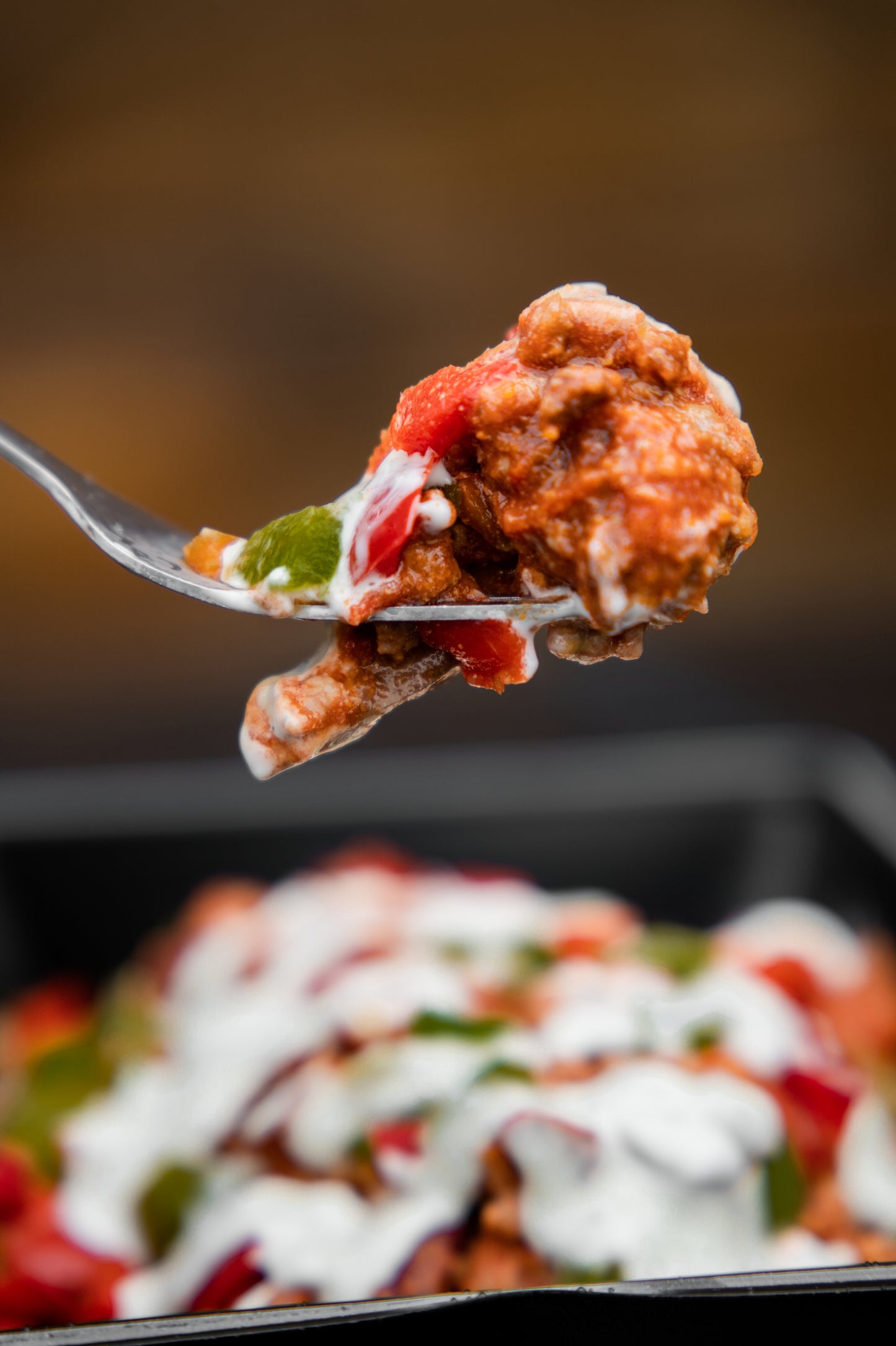6. Beef Chill-Con-Carne, White Potato, Mixed Peppers, Tzatziki Sauce