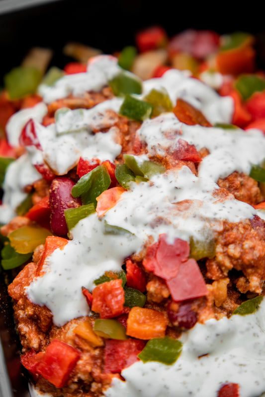 6. Beef Chill-Con-Carne, White Potato, Mixed Peppers, Tzatziki Sauce